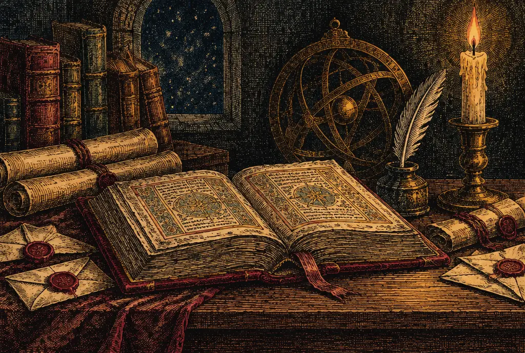 An old leather-bound manuscript open on a scholar's desk among scrolls and sealed letters, a quill, a wax seal and a candle, an astrolabe in shadow