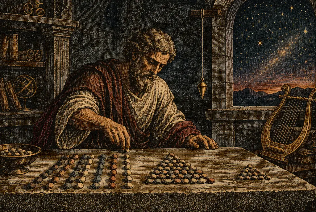 A philosopher setting out pebbles in rows and triangles on a stone table at dusk, a lyre and a plumb line beside him and the stars in the window
