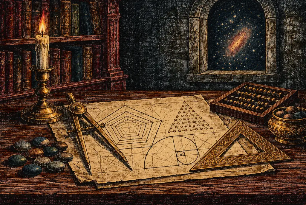 A desk of sacred geometry: a compass and set square on parchment drawn with nested polygons and a golden spiral, an abacus and counting stones by a candle