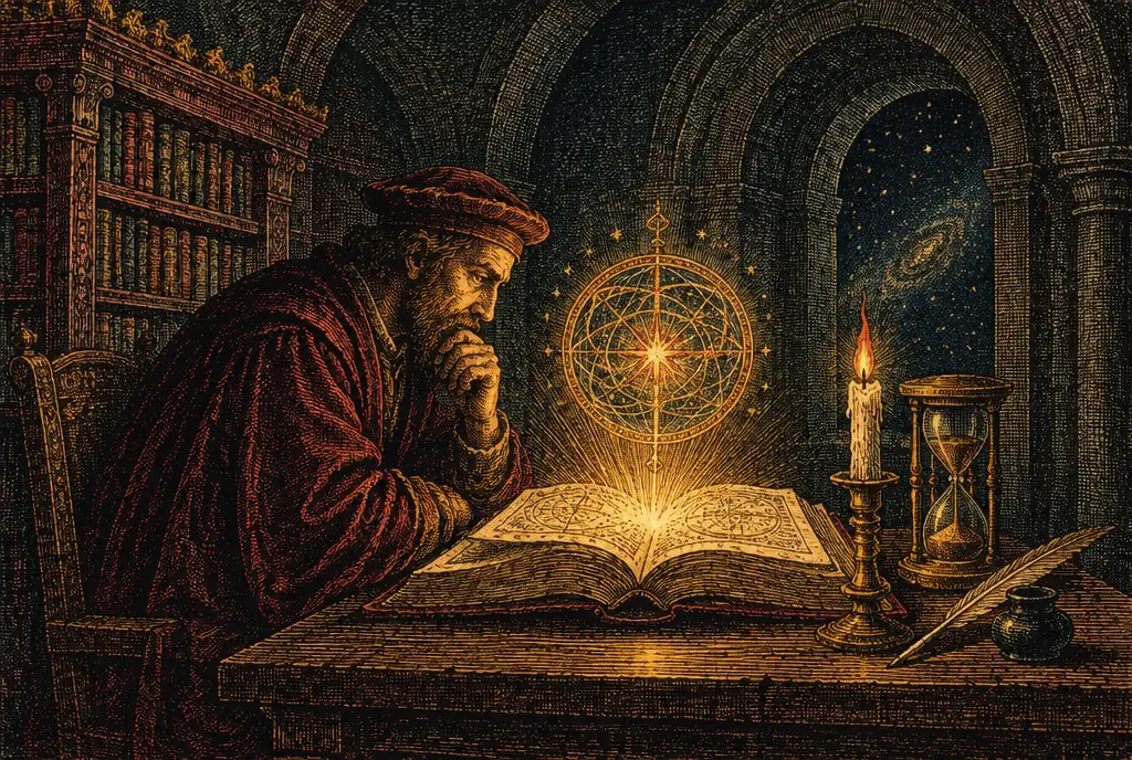 A seeker at a candlelit table before a great open book glowing with golden light, a small chart wheel of light rising from its pages, an hourglass and a quill beside it