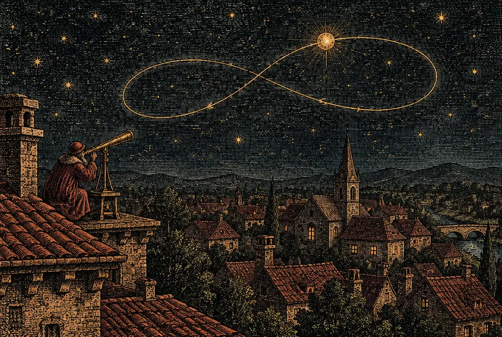 A bright planet tracing a looping path back and forth across the stars above a sleeping village, the loop drawn in gold, an astronomer watching from a rooftop