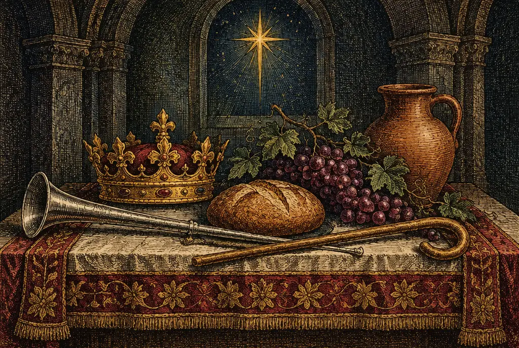 Symbols of Scripture on an embroidered altar cloth: a golden crown, a silver trumpet, a shepherd's crook, a loaf of bread, a vine of grapes and a jar of water under a star of light