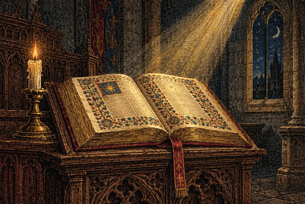 An illuminated Bible open on a carved oak lectern, its margins painted with vines and gilded stars, a candle and a beam of light from a high window