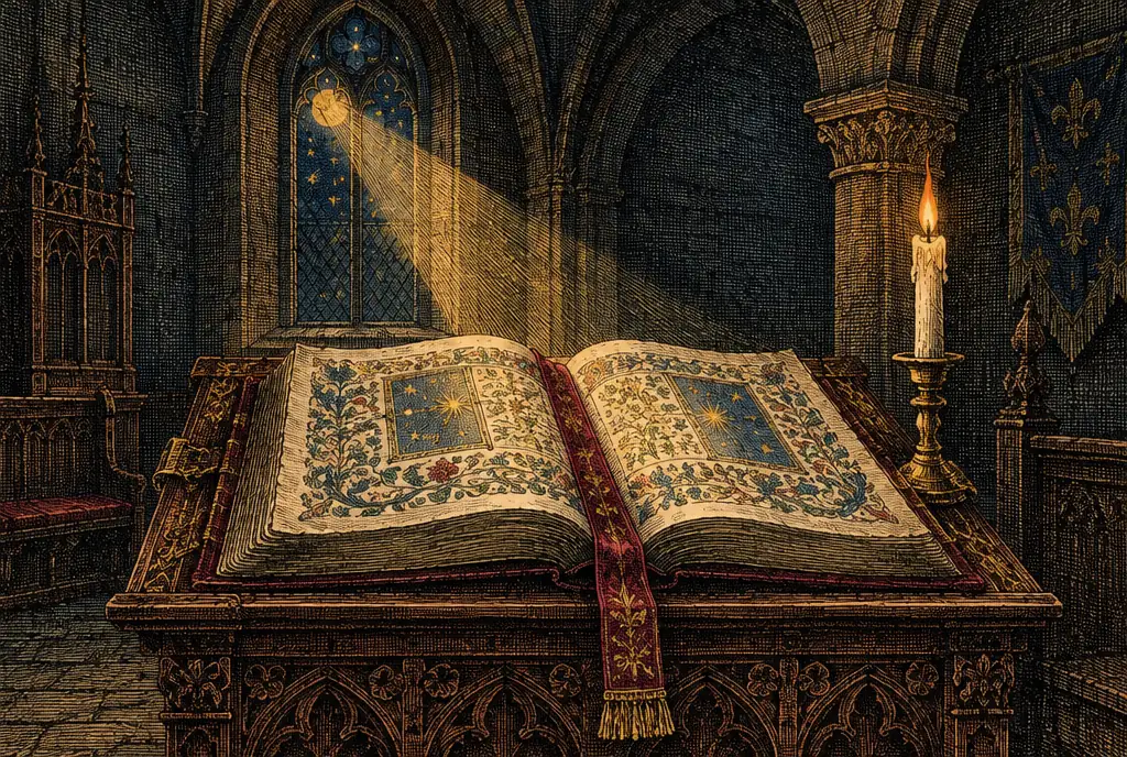 A great illuminated Bible open on a carved lectern in a stone chapel at night, a shaft of golden light falling across its pages beside a burning candle
