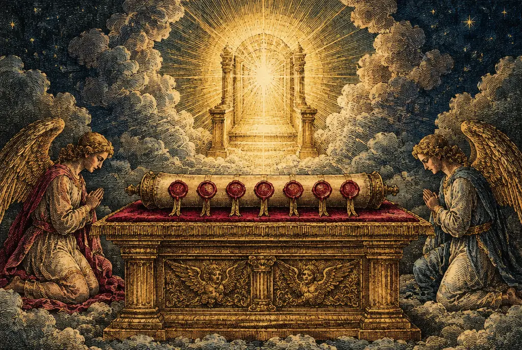 Seven red wax seals set on a golden altar before a throne of light in the clouds, an angel kneeling on either side