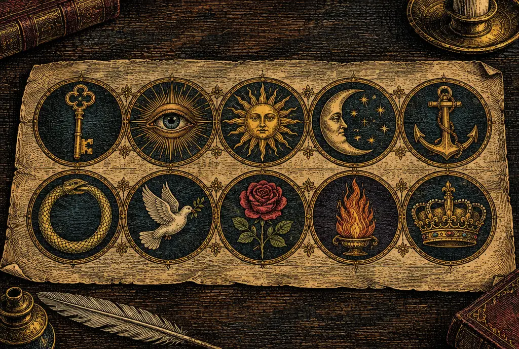 A sheet of engraved emblems in ordered rows of gilded medallions: a key, an eye, a sun, a moon, an anchor, a serpent biting its tail, a dove and a rose