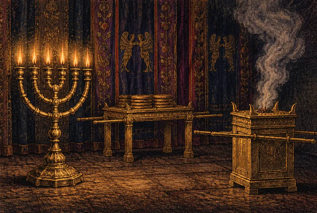 The holy place of the tabernacle by lamplight, the golden seven-branched lampstand, the table of showbread and the altar of incense before embroidered curtains