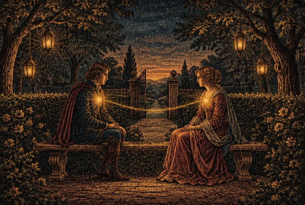 Two people seated facing each other on a garden bench at dusk, a golden thread of light between their hearts, a low hedge and a gate where their two paths meet