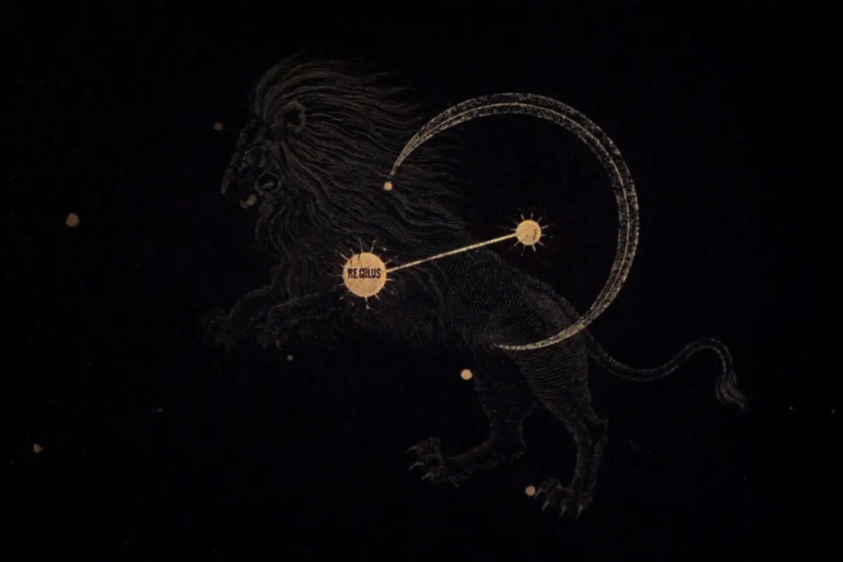 The constellation Leo engraved in gold, the Sickle curving above Regulus