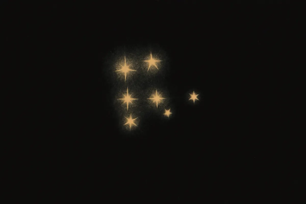 The Pleiades star cluster engraved in gold, its brightest sisters wrapped in faint nebulosity