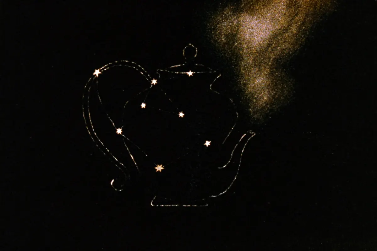The Teapot asterism of Sagittarius engraved in gold, spout, lid and handle joined by fine lines