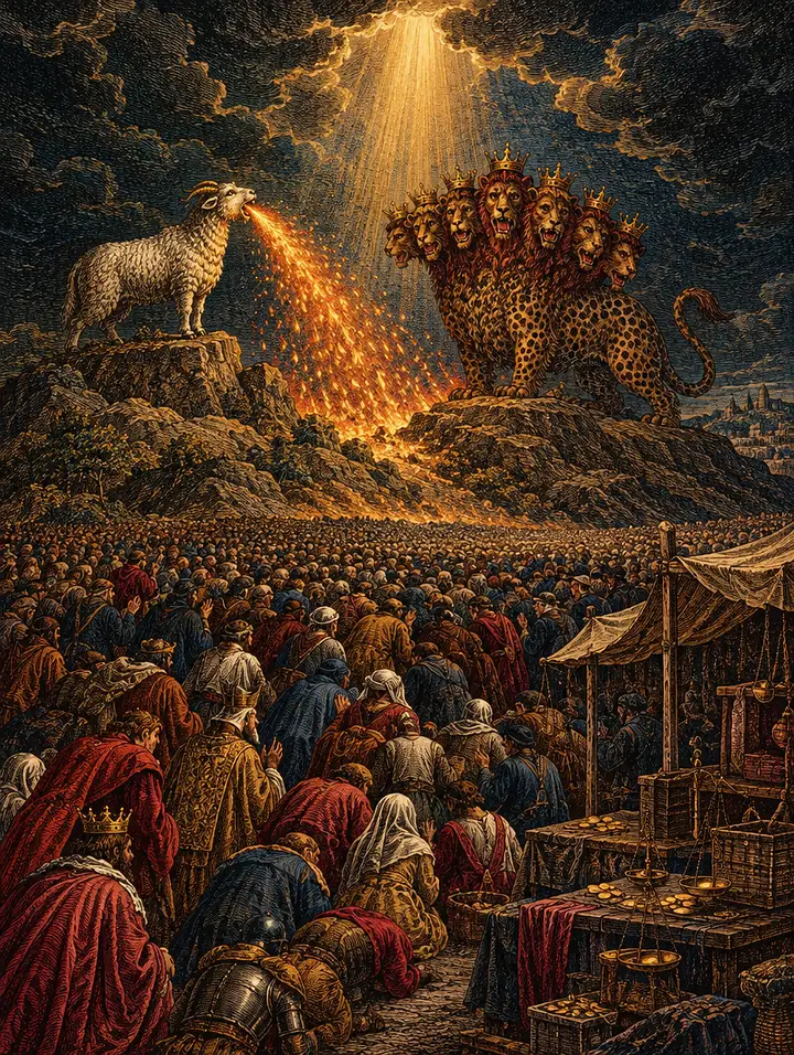 A painting of a lamb-like beast with two horns sending out fire from a rocky rise beside a seven-headed crowned beast, a vast crowd bowing before them and market stalls with scales and coins standing idle, a shaft of light breaking through the clouds above.