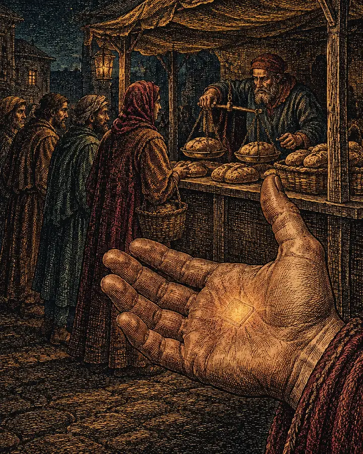 A painting of an open right hand with a small chip glowing beneath the skin of the palm, before a market stall where a merchant weighs bread for a line of buyers.