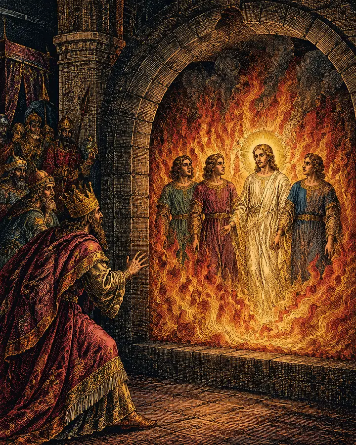 A painting of three young men standing unharmed in the flames of the fiery furnace with a fourth, radiant figure among them, as the king and his court look on astonished.