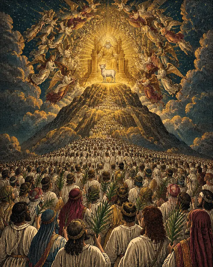 A painting of the Lamb in a blaze of light on the summit of Mount Zion before the throne, angels around it, and a great multitude in white robes with palm branches filling the slopes below.