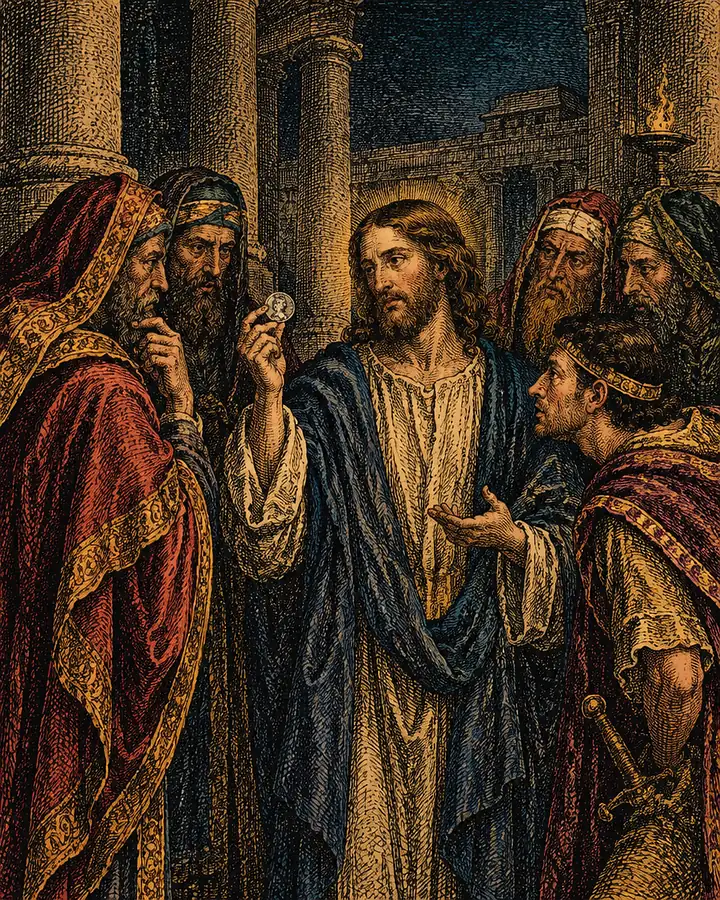 A painting of Jesus in the temple court holding up a Roman coin among Pharisees and Herodians in rich robes, asking whose image it bears.