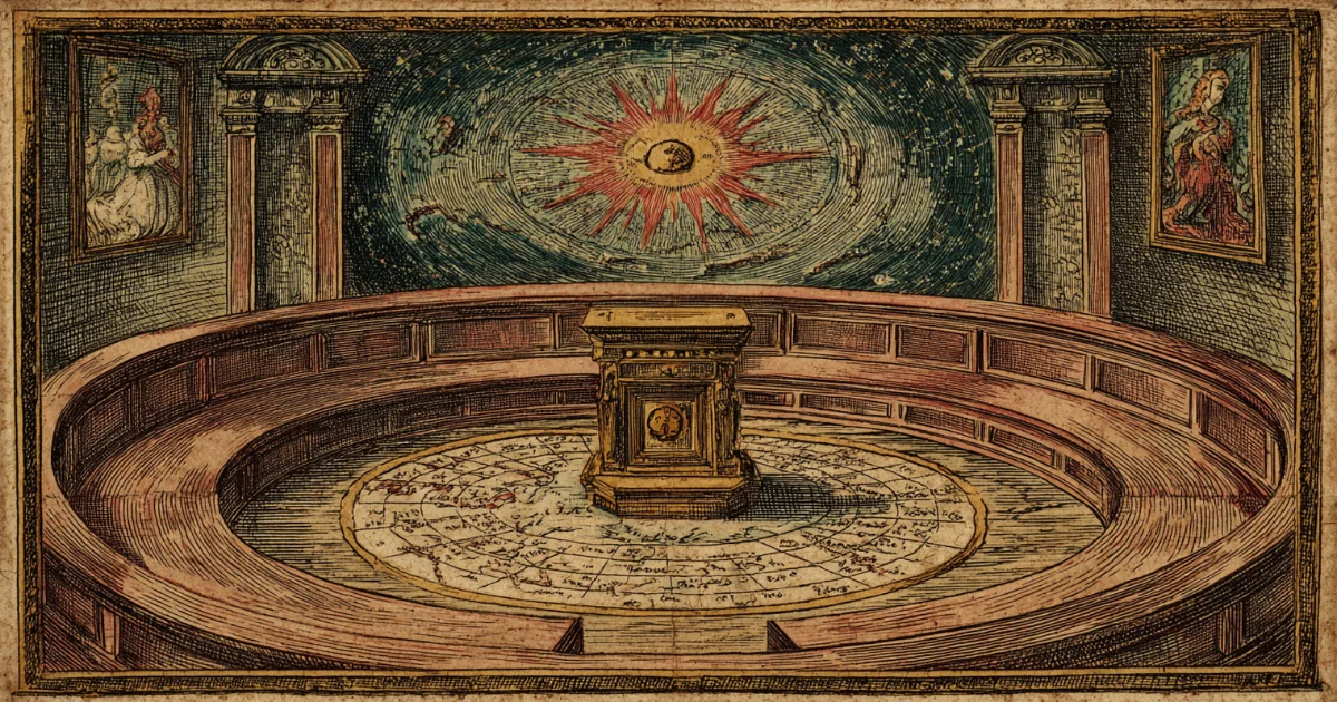A tiered theatre turned to the stars, a lectern at its center and a rayed sun painted on the wall behind