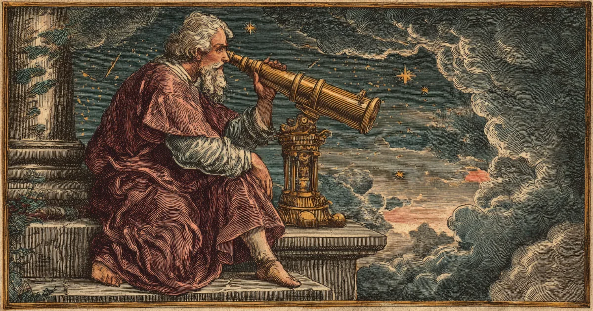 A bearded watchman in a red robe at a brass telescope on a tower, stars above the clouds