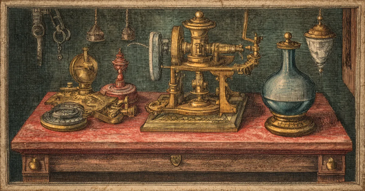 A workshop bench of astronomical instruments, a compass, a brass engine and a glass vessel
