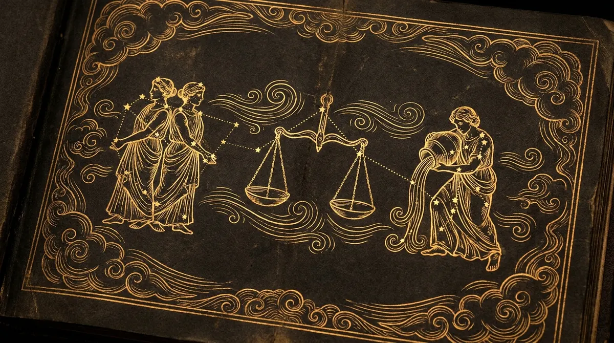 Gemini, Libra, and Aquarius as engraved constellations among clouds