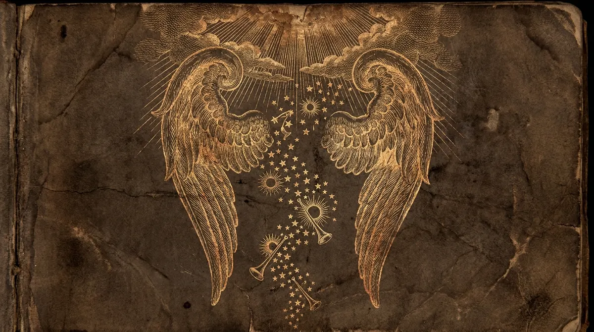 Angelic wings around a descending column of stars