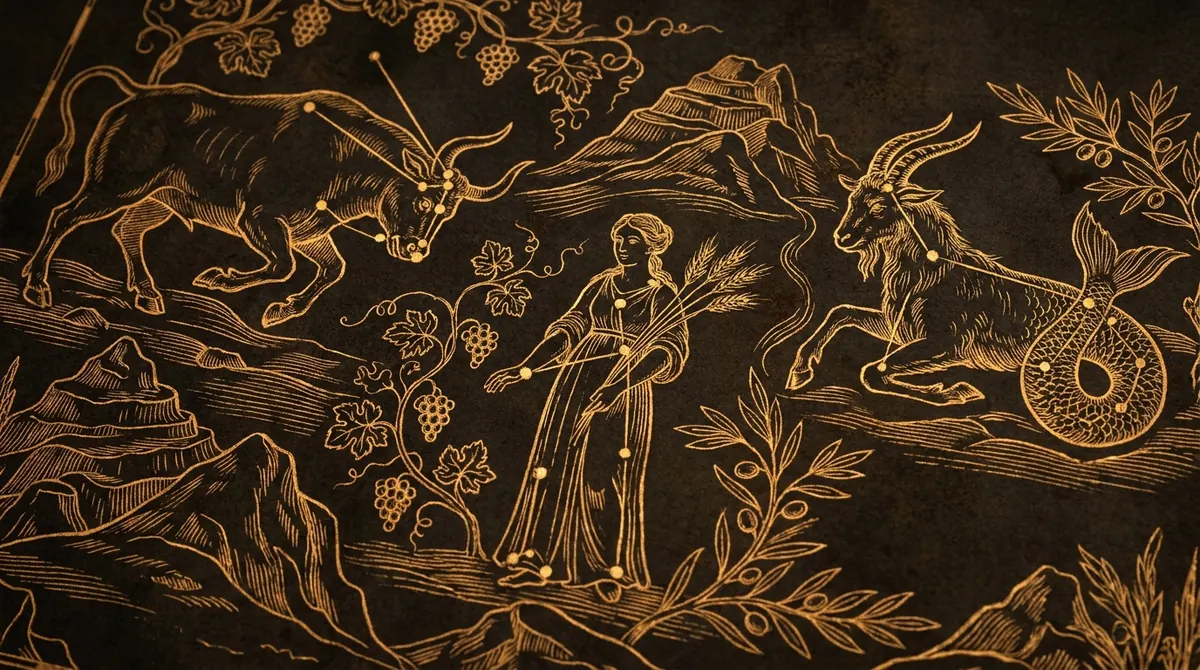 Taurus, Virgo, and Capricorn as engraved constellations among mountains