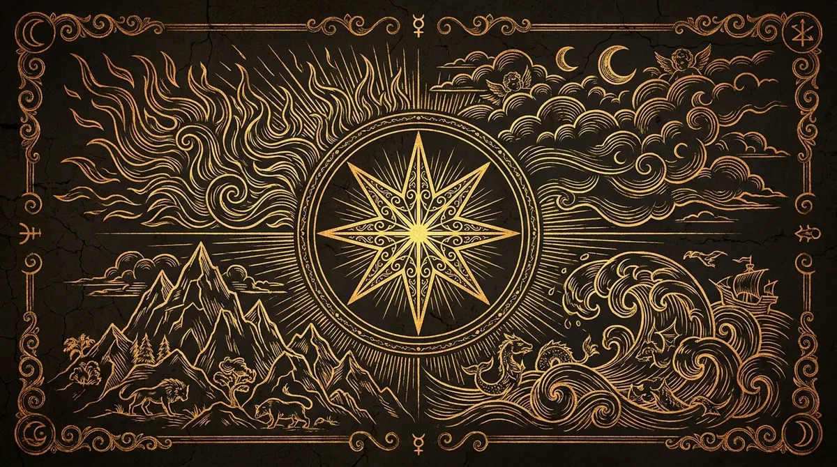 The four classical elements united around an eight-pointed star