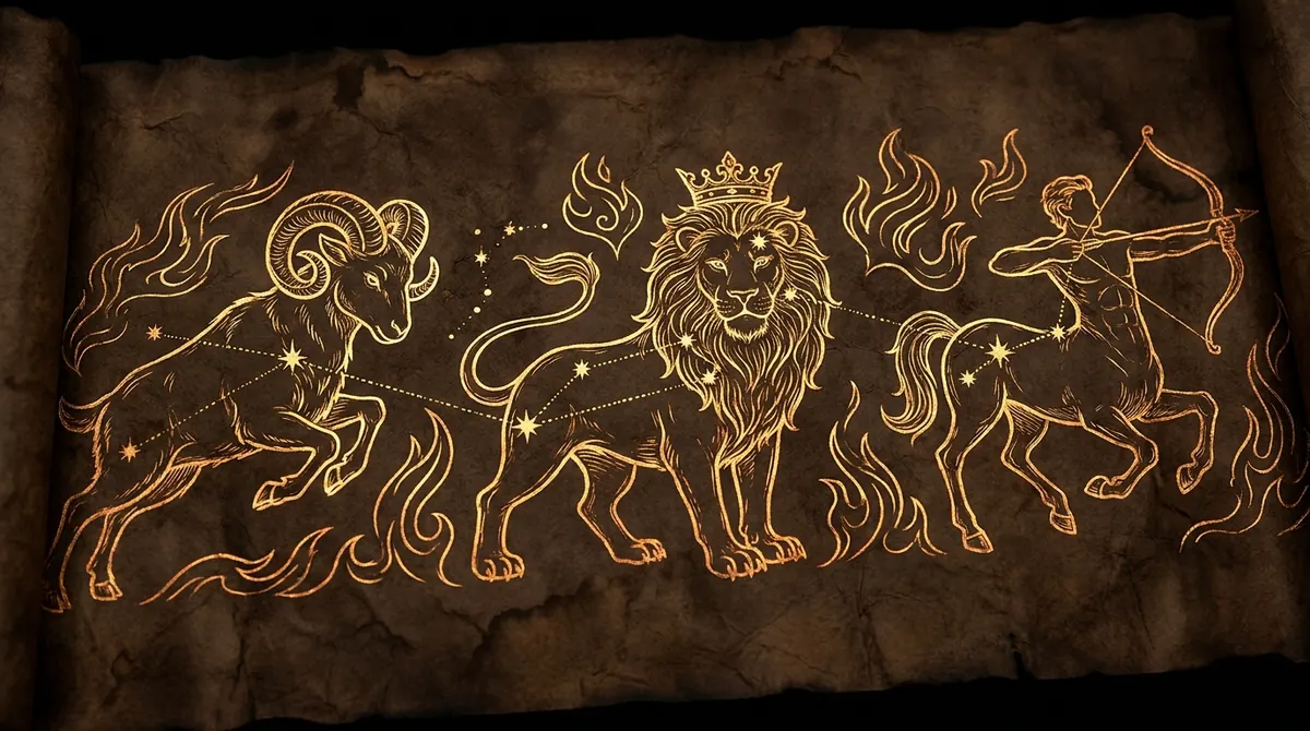 Aries, Leo, and Sagittarius as engraved constellations among flames
