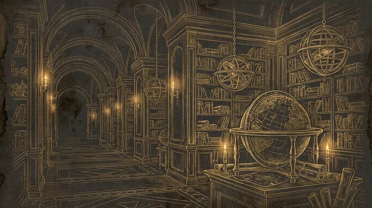 A grand esoteric library hall of tomes, spheres, and star charts