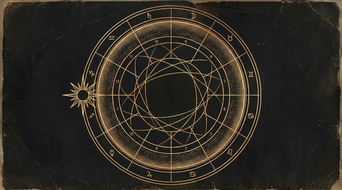 A natal chart wheel with aspect lines woven across its center