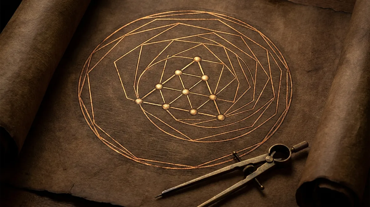 Pythagorean sacred geometry: tetractys, golden spiral, and nested polygons
