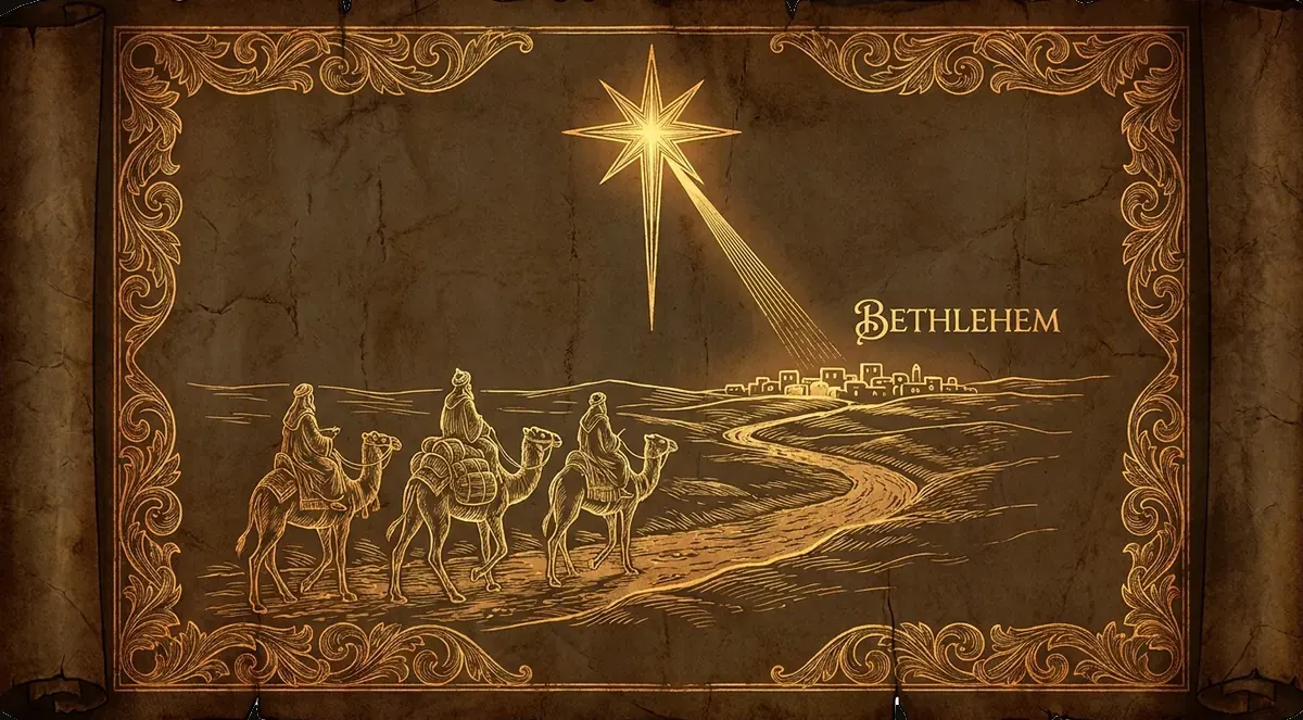 The Star of Bethlehem leading the magi across the desert