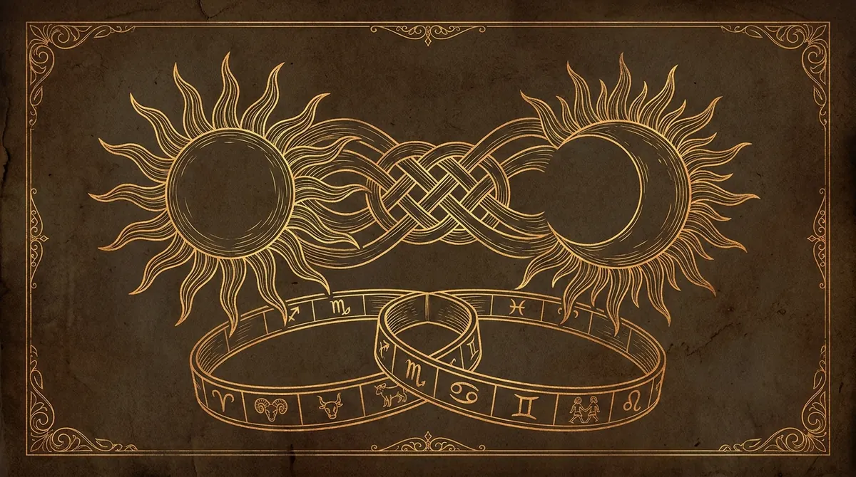 Sun and moon facing each other above two interlocking zodiac rings