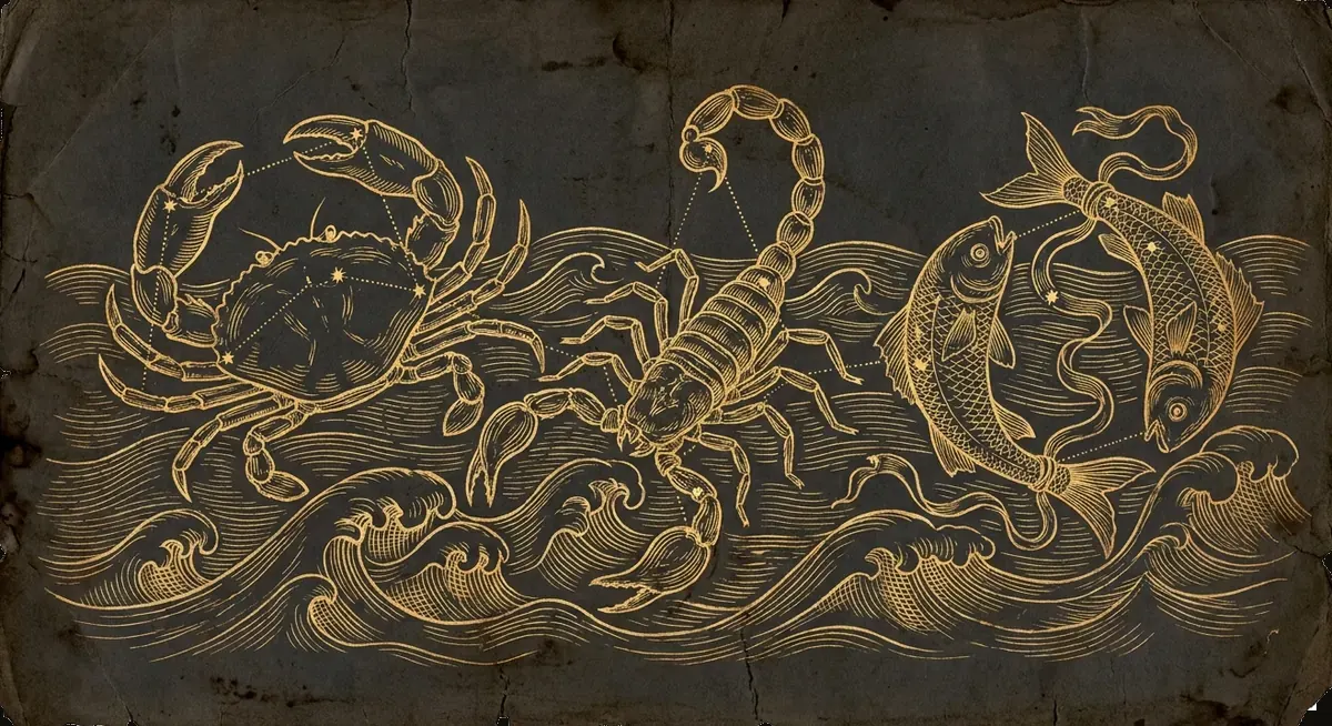 Cancer, Scorpio, and Pisces as engraved constellations among waves