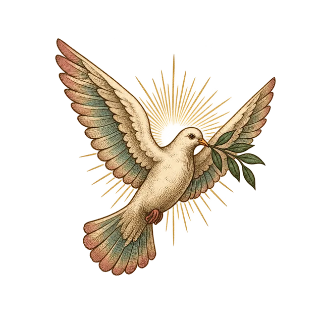 A white dove in flight with an olive branch in its beak, fine golden rays behind it, an engraving