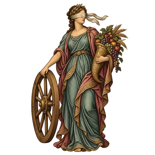 Lady Fortune, blindfolded, turning a great wooden wheel and holding a horn of plenty, an engraving