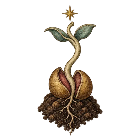 Engraved emblem: a single seed split open on a small mound of dark earth, a pale curled shoot rising with its first two leaves unfolding, a thin root reaching down
