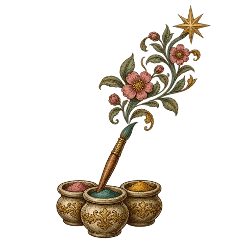 Engraved emblem: a fine paintbrush lifted from a small pot of teal pigment, its stroke curving through the air and blossoming into a trailing line of flowers and leaves that ends in a golden star