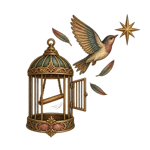 Engraved emblem: a small ornate birdcage with its door swung open, a songbird just leaving it in flight with wings spread, a few feathers drifting
