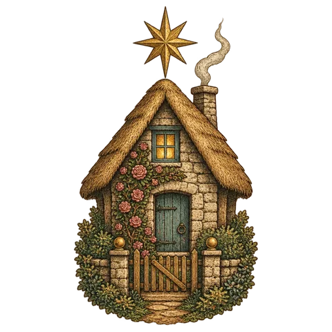 Engraved emblem: a small stone cottage with a steep roof, one window glowing with warm light, a thin curl of smoke from the chimney