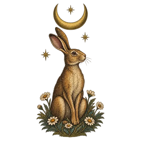 Engraved emblem: a hare sitting upright in a small patch of meadow, ears raised and listening, a flat crescent moon hanging above it among a few small golden stars