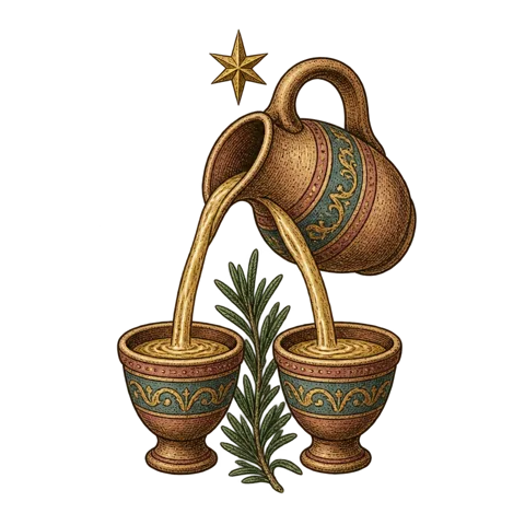 Engraved emblem: a single earthenware jug pouring into two small cups set side by side, both cups filling equally, a sprig of rosemary laid between them