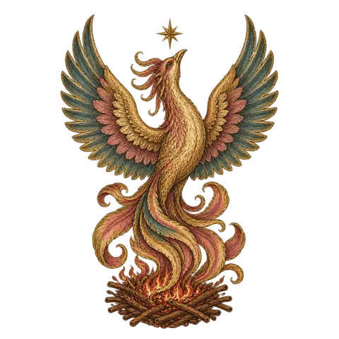 Engraved emblem: a phoenix rising with wings spread from a small nest of glowing embers and cinnamon twigs, its tail feathers curling into flame-like plumes of rose and gold