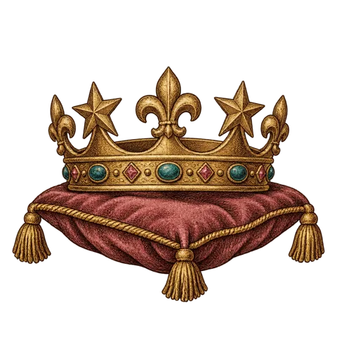 Engraved emblem: a simple open crown of gold with alternating points of stars and fleurs, a band set with small teal and rose stones