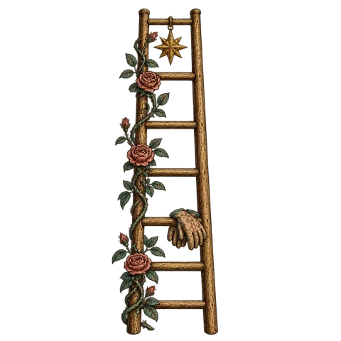 Engraved emblem: a slender wooden ladder standing nearly upright, its rungs worn smooth, a climbing rose winding up one rail