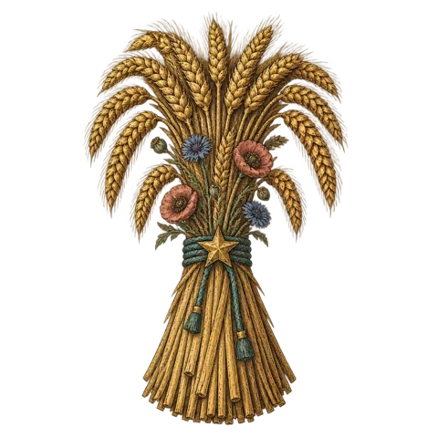 Engraved emblem: a bound sheaf of ripe wheat standing upright, tied at the waist with a teal cord, heavy ears bending outward