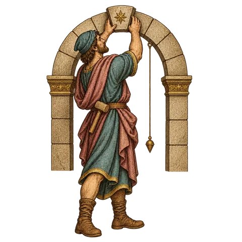 Engraved emblem: a man, a mason, standing full length setting a carved keystone bearing a small star into place at the top of a short arch