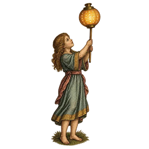Engraved emblem: a small girl standing full length holding up a round paper lantern on a stick with both hands, the lantern glowing warmly and pierced with tiny round holes