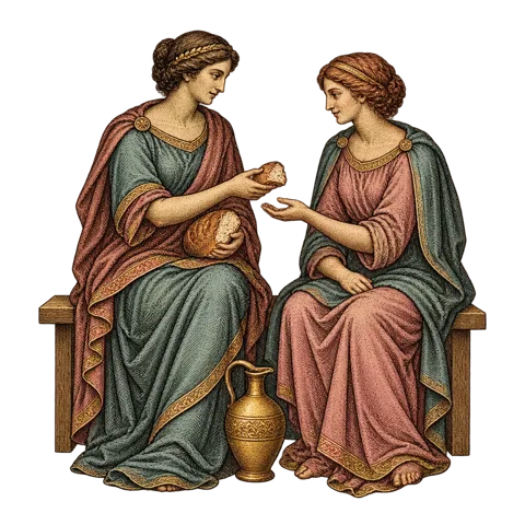 Engraved emblem: two women friends seated side by side on a simple bench, one breaking a loaf of bread and offering half to the other, a jug at their feet