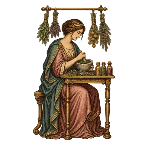 Engraved emblem: a woman healer seated at a small table grinding herbs in a stone mortar, bundles of dried plants hanging from a rail above